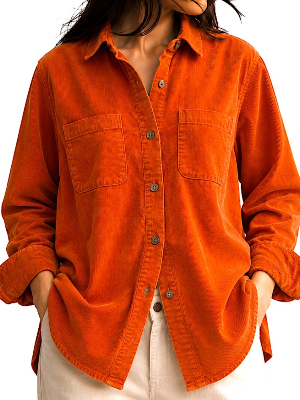 J. CREW Orange Corduroy Shirt Jacket M Cotton Button Front Overshirt Pockets